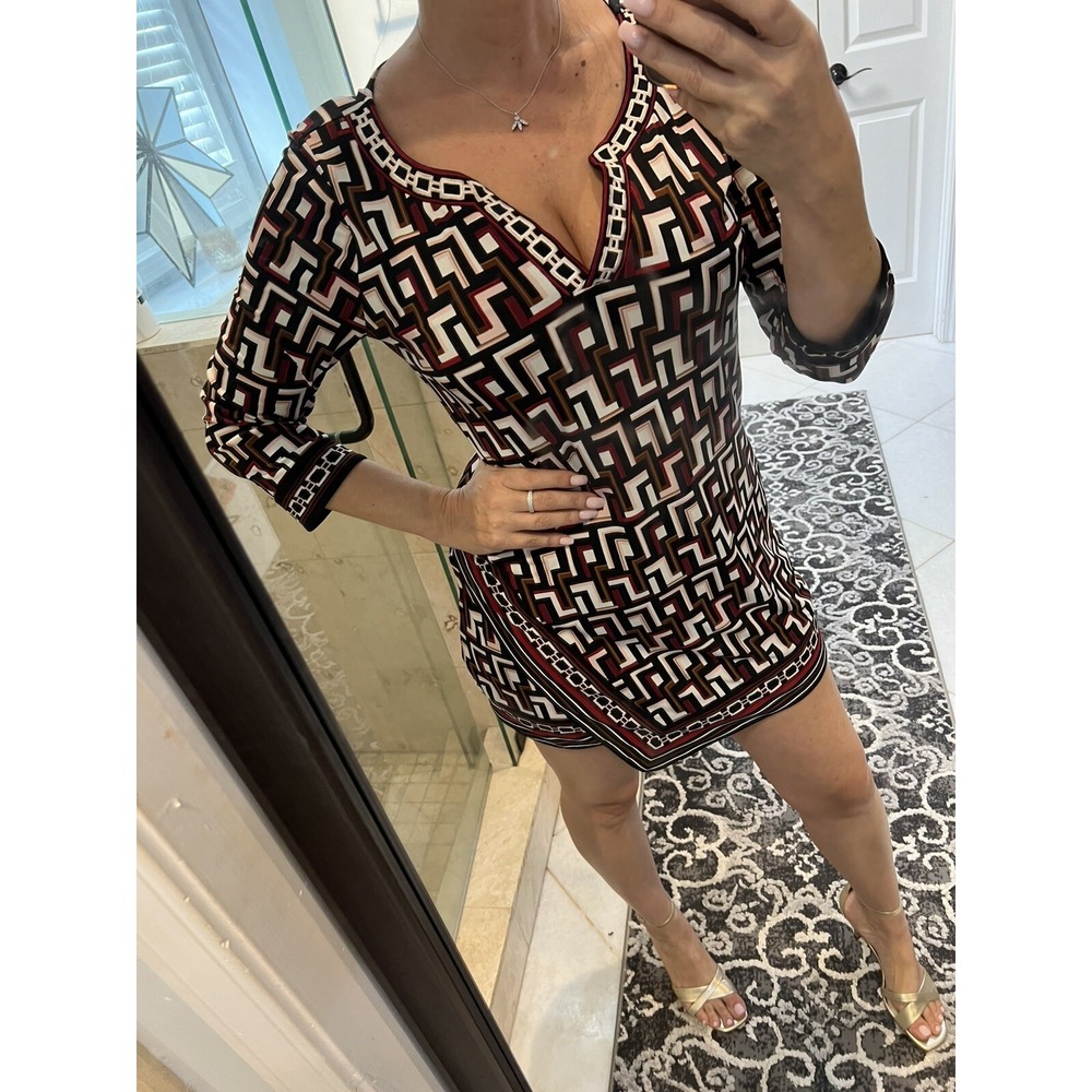White House Black Market Red Mini Mock Wrap Dress S Embroidered V Neck Jersey
